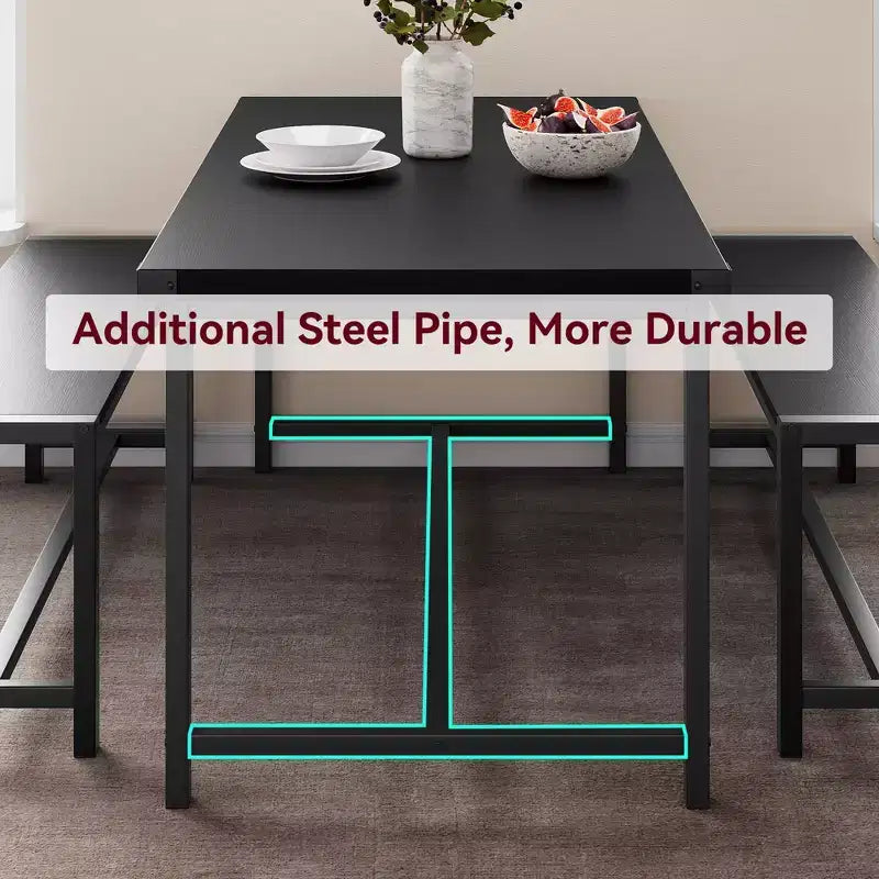 3-Piece Dining Table Set for 4 with 2 Benches, Kitchen Table with Corner Protectors, H-Shaped Frame, Compact for Apartments & Small Spaces