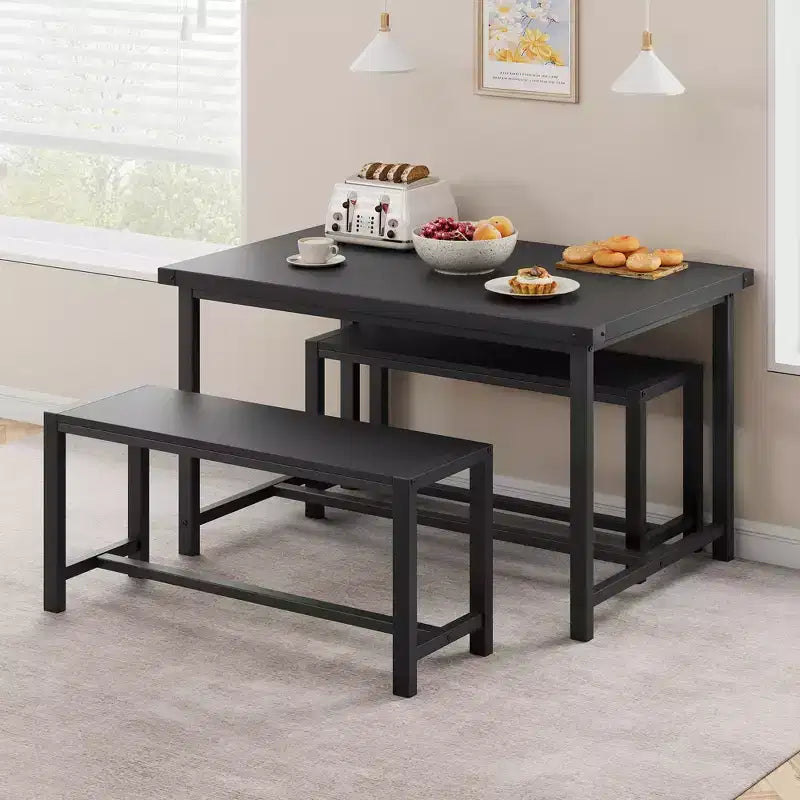 3-Piece Dining Table Set for 4 with 2 Benches, Kitchen Table with Corner Protectors, H-Shaped Frame, Compact for Apartments & Small Spaces