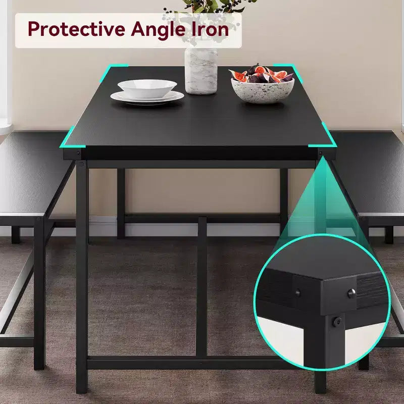 3-Piece Dining Table Set for 4 with 2 Benches, Kitchen Table with Corner Protectors, H-Shaped Frame, Compact for Apartments & Small Spaces