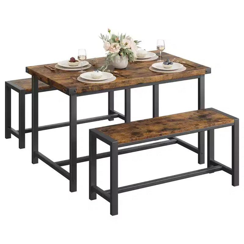 3-Piece Dining Table Set for 4 with 2 Benches, Kitchen Table with Corner Protectors, H-Shaped Frame, Compact for Apartments & Small Spaces