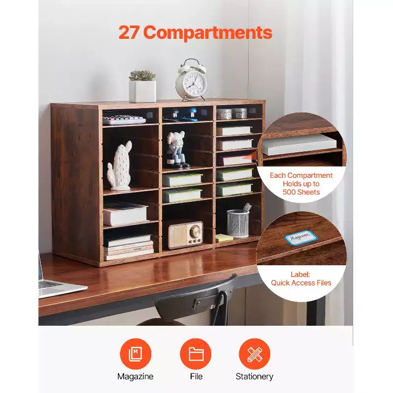 VEVOR Literature Organizer, 27 Compartments Office Mailbox with Removable Shelves, Wood Mailbox Sorter Particle Board, Brown