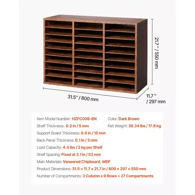 VEVOR Literature Organizer, 27 Compartments Office Mailbox with Removable Shelves, Wood Mailbox Sorter Particle Board, Brown