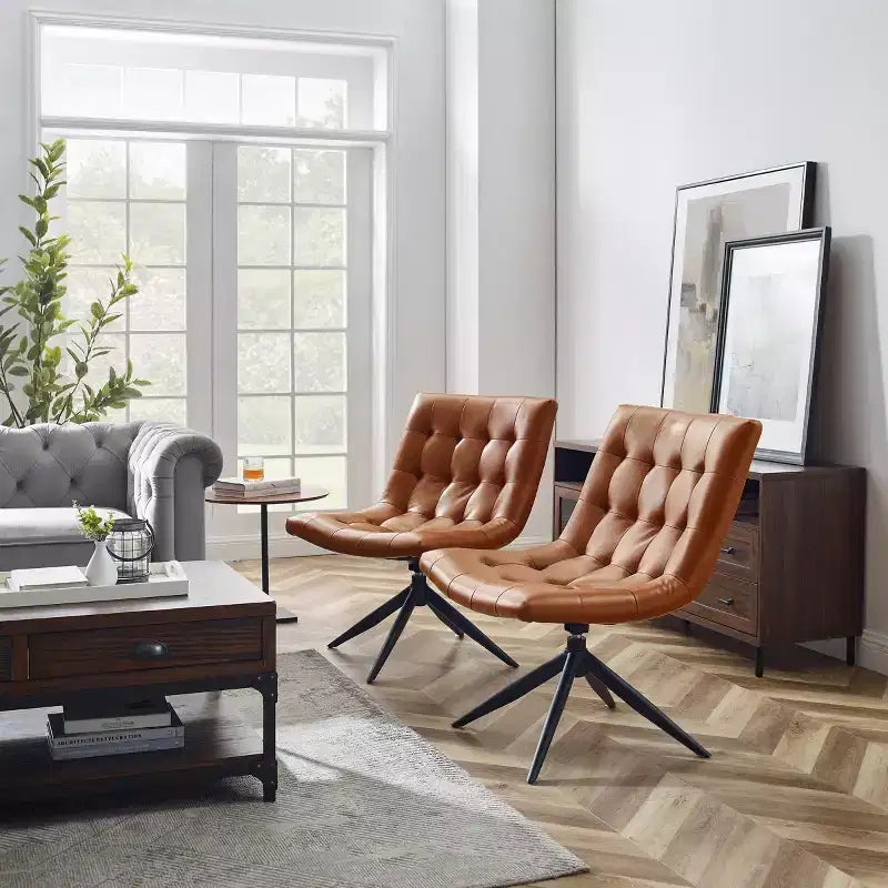 Armless Swivel Home Office Chair – Faux Leather, Tufted, Metal Base
