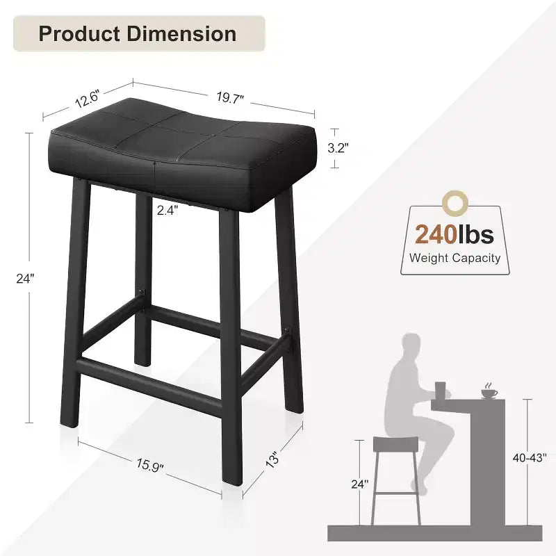 Set of 2 24 Counter Height Bar Stools, Upholstered PU Leather Curved Saddle Seats with Metal Frame and Footrest