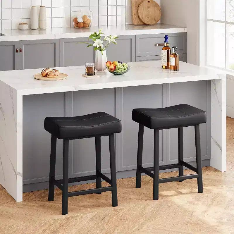 Set of 2 24 Counter Height Bar Stools, Upholstered PU Leather Curved Saddle Seats with Metal Frame and Footrest