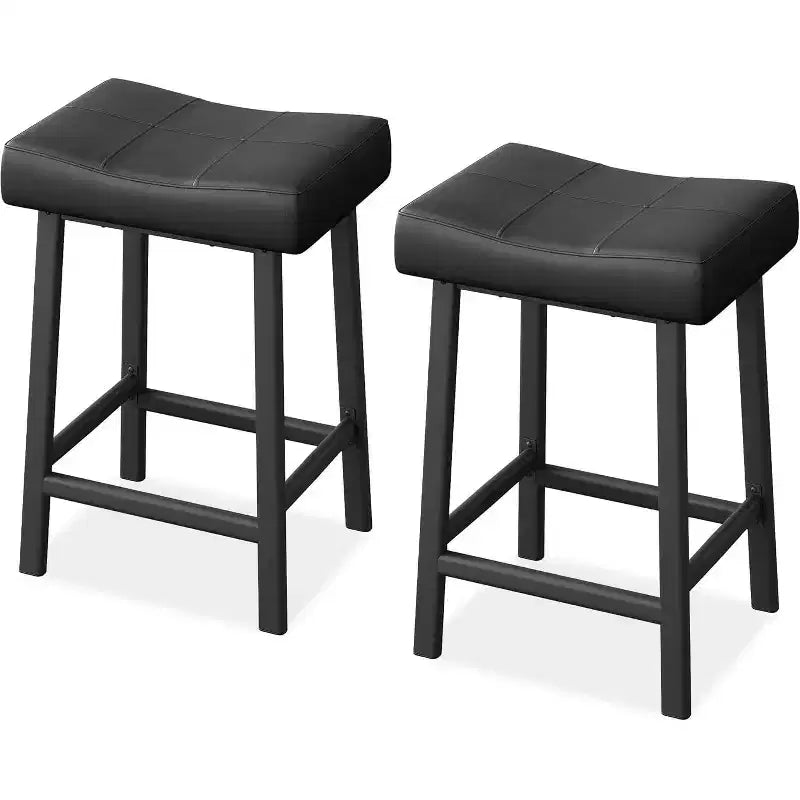 Set of 2 24 Counter Height Bar Stools, Upholstered PU Leather Curved Saddle Seats with Metal Frame and Footrest
