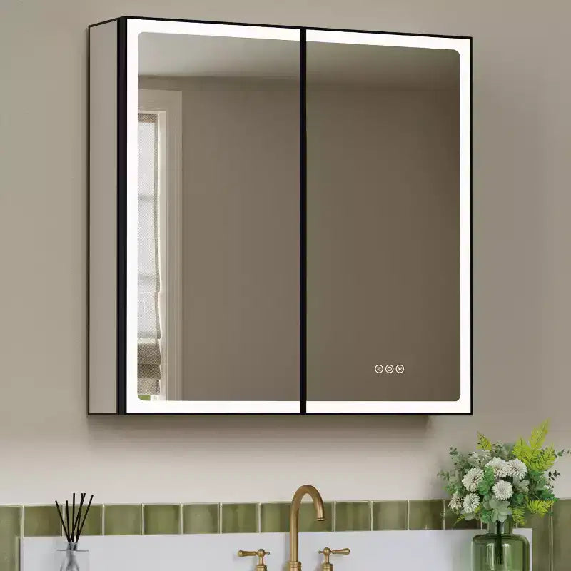 Pensile da Bagno con Specchio LED, Montaggio a Superficie o Incasso, Luce Dimmerabile, Antiappannamento, Ripiani Regolabili