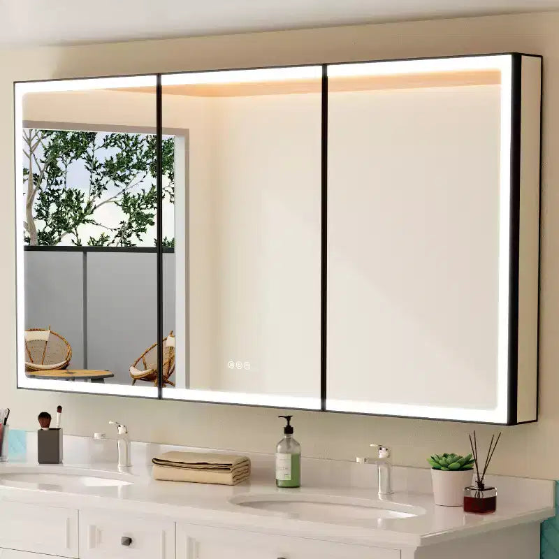 Pensile da Bagno con Specchio LED, Montaggio a Superficie o Incasso, Luce Dimmerabile, Antiappannamento, Ripiani Regolabili