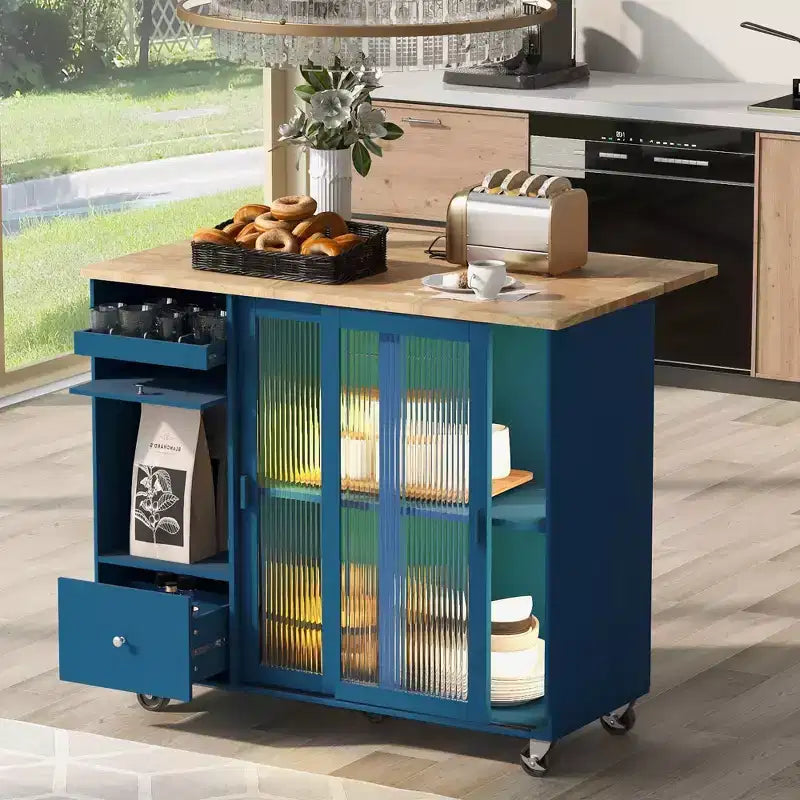 TROPOW Carrello da cucina su rotelle con luce a LED, isola da cucina con ripiano regolabile e 2 cassetti, isola su ruote