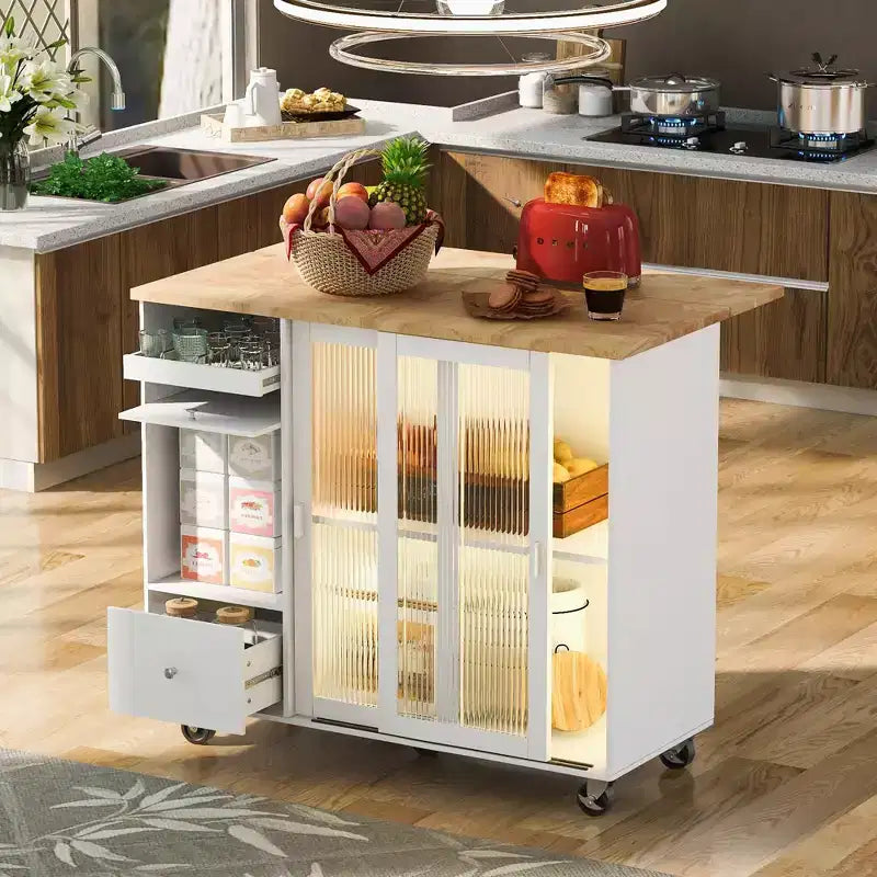 TROPOW Carrello da cucina su rotelle con luce a LED, isola da cucina con ripiano regolabile e 2 cassetti, isola su ruote