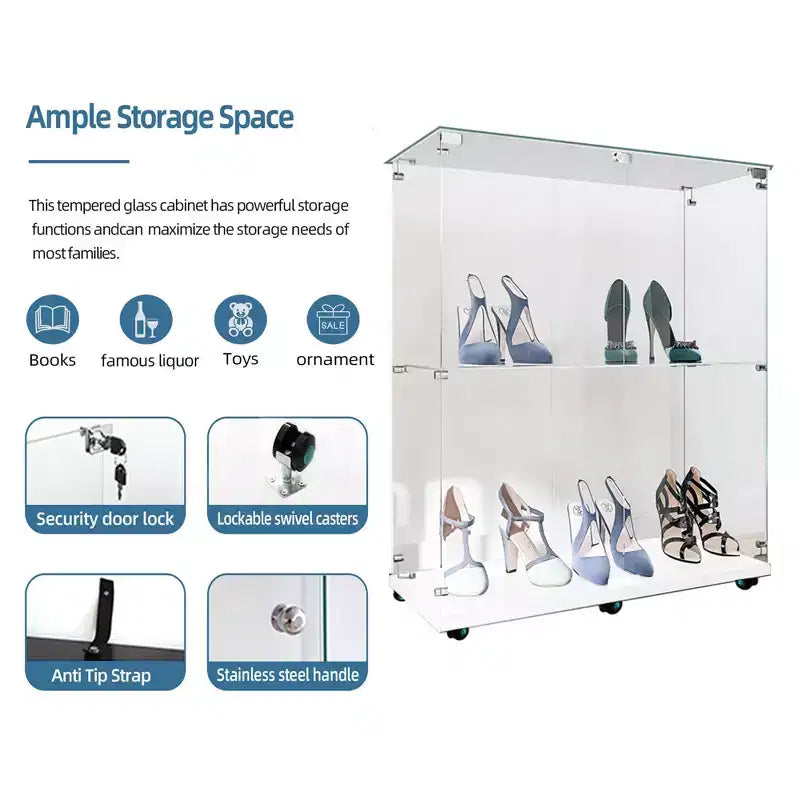 MAYEERTY Vetrina in vetro temperato, mobile portavino, schedario, striscia luminosa Bluetooth, rotelle girevoli con blocco, soggiorno, camera da letto, ufficio, bianco