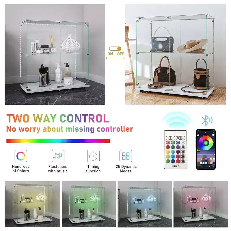 MAYEERTY Vetrina in vetro temperato, mobile portavino, schedario, striscia luminosa Bluetooth, rotelle girevoli con blocco, soggiorno, camera da letto, ufficio, bianco