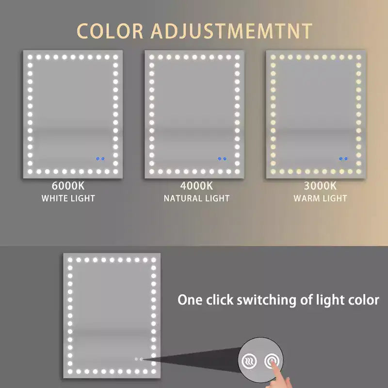 Bathroom Mirror with 3 White Front Circular Lights, Touch Dimming Switch Rectangular Mirror, Anti-Fog, Memory, Shatter-Proof Wall Vanity Mirror White