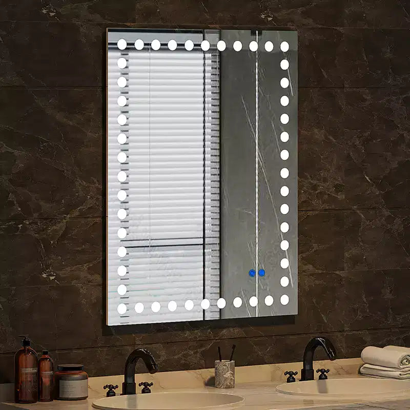 Bathroom Mirror with 3 White Front Circular Lights, Touch Dimming Switch Rectangular Mirror, Anti-Fog, Memory, Shatter-Proof Wall Vanity Mirror White