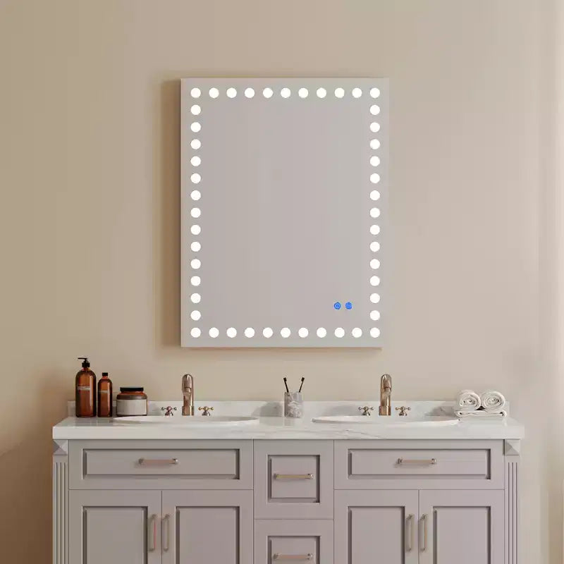 Bathroom Mirror with 3 White Front Circular Lights, Touch Dimming Switch Rectangular Mirror, Anti-Fog, Memory, Shatter-Proof Wall Vanity Mirror White