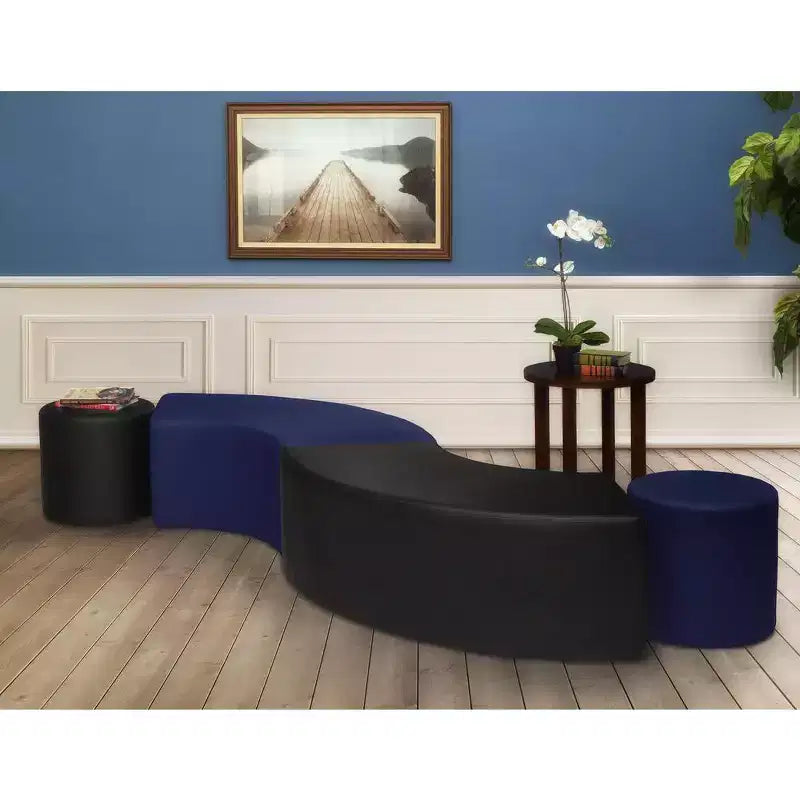 Curved Semi-Circle Ottoman – Black Vinyl, Plush Upholstered Lounge Seat