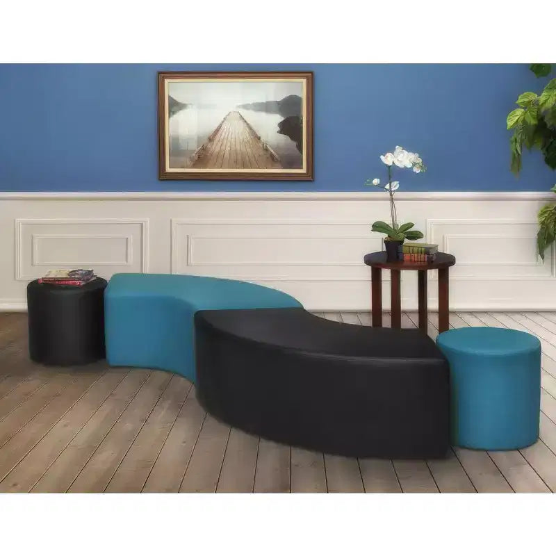 Curved Semi-Circle Ottoman – Black Vinyl, Plush Upholstered Lounge Seat