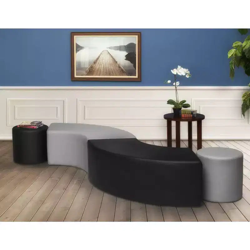 Curved Semi-Circle Ottoman – Black Vinyl, Plush Upholstered Lounge Seat