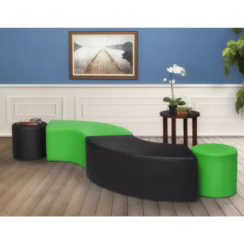 Curved Semi-Circle Ottoman – Black Vinyl, Plush Upholstered Lounge Seat