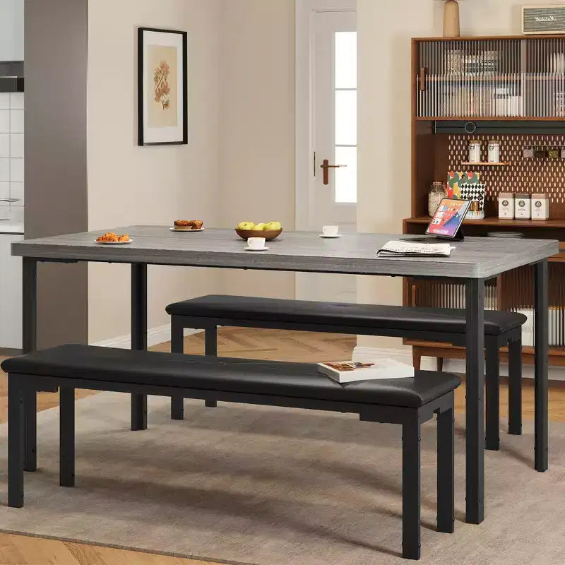 Dining Table Set for 4, Kitchen Table with 2 Benches, Metal Frame, Space-Saving Dining Room Dinette Sets for Kitchen, Dining Room