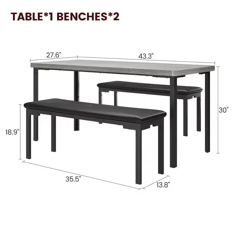 Dining Table Set for 4, Kitchen Table with 2 Benches, Metal Frame, Space-Saving Dining Room Dinette Sets for Kitchen, Dining Room