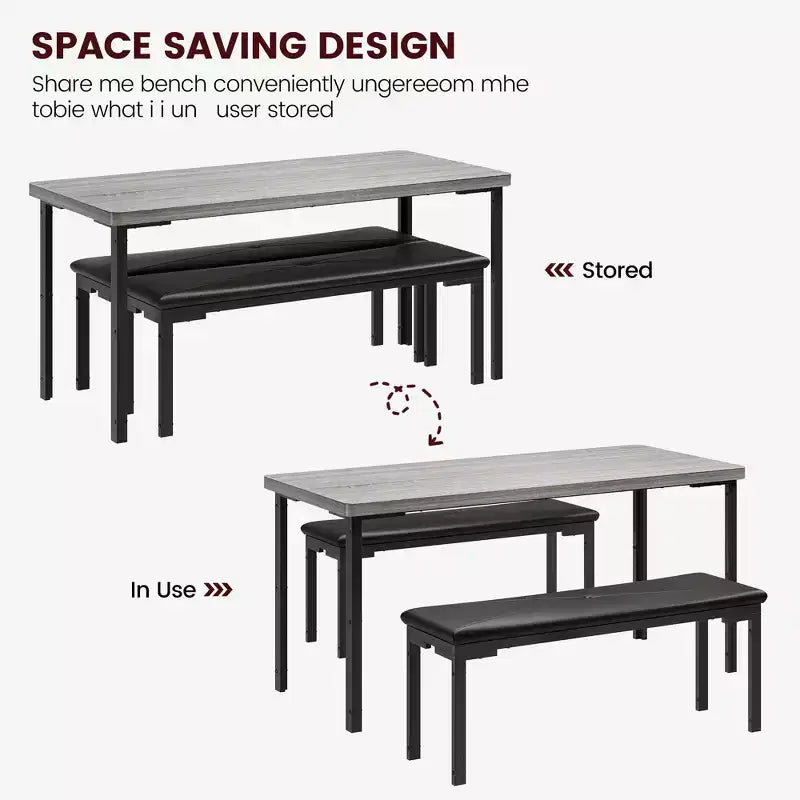 Dining Table Set for 4, Kitchen Table with 2 Benches, Metal Frame, Space-Saving Dining Room Dinette Sets for Kitchen, Dining Room