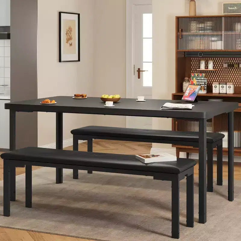 Dining Table Set for 4, Kitchen Table with 2 Benches, Metal Frame, Space-Saving Dining Room Dinette Sets for Kitchen, Dining Room