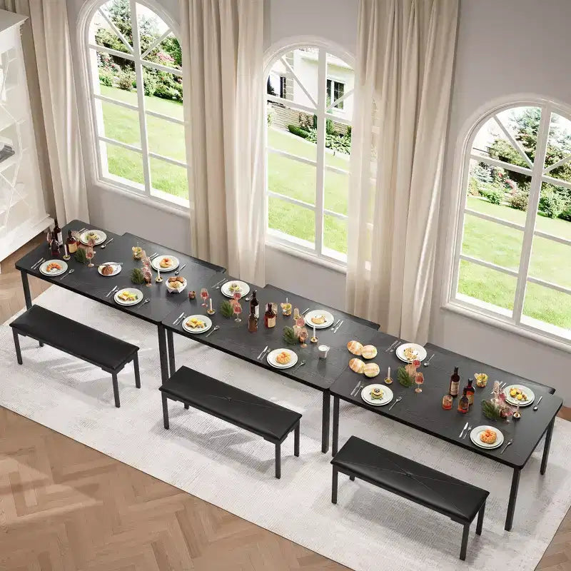 Dining Table Set for 4, Kitchen Table with 2 Benches, Metal Frame, Space-Saving Dining Room Dinette Sets for Kitchen, Dining Room
