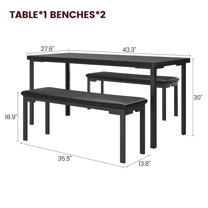 Dining Table Set for 4, Kitchen Table with 2 Benches, Metal Frame, Space-Saving Dining Room Dinette Sets for Kitchen, Dining Room