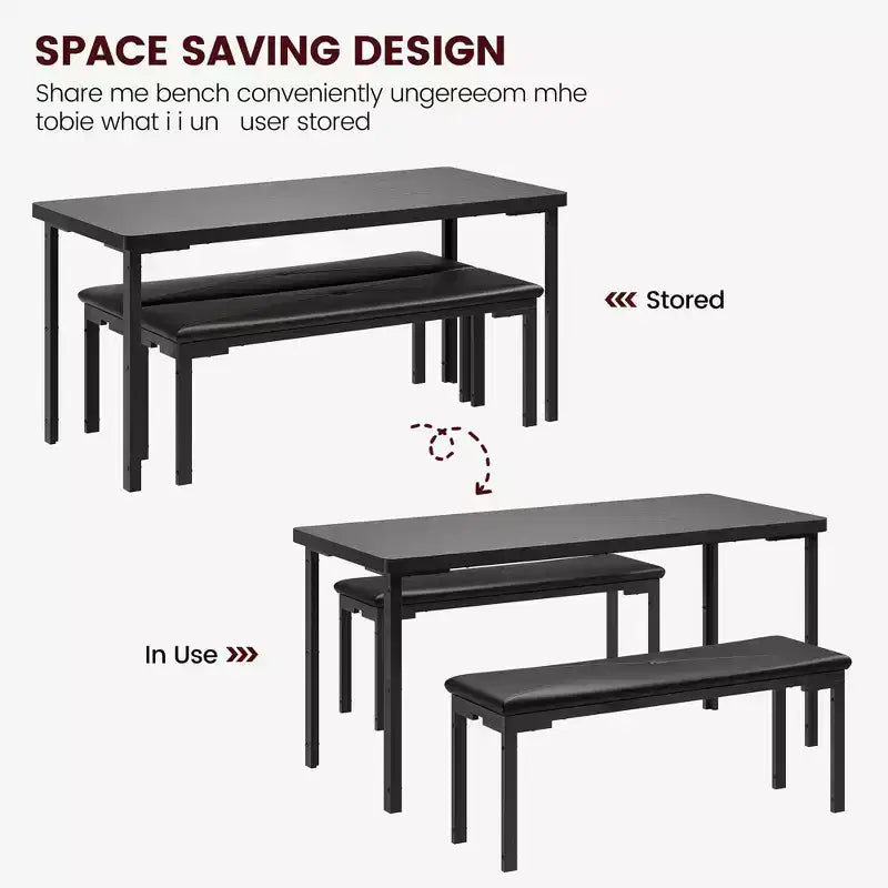 Dining Table Set for 4, Kitchen Table with 2 Benches, Metal Frame, Space-Saving Dining Room Dinette Sets for Kitchen, Dining Room