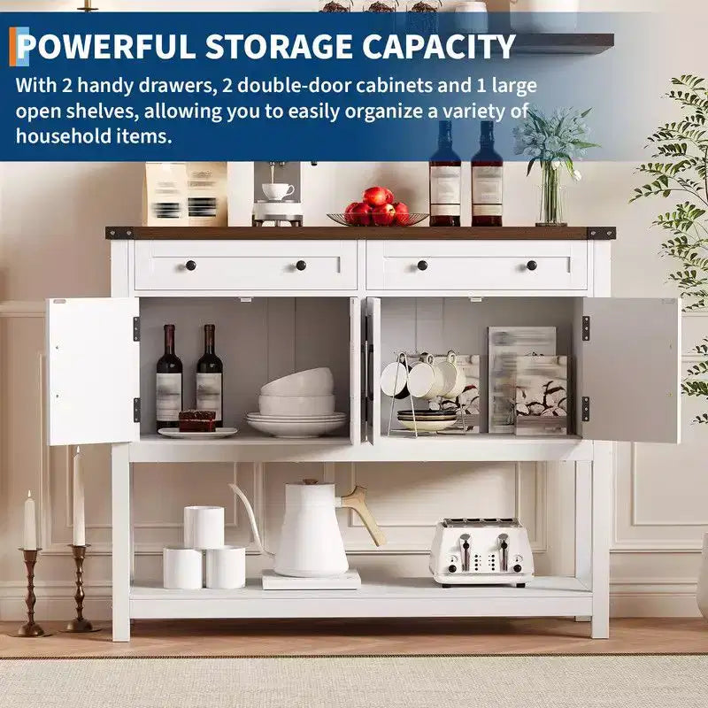 Modern Farmhouse Sideboard, 47 Buffet Sideboard Cabinet with Storage and 2 Drawers, Coffee Bar Console Table with Shelf