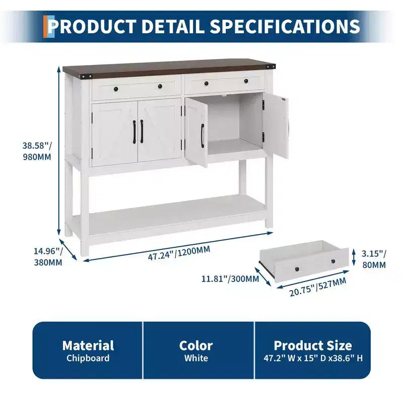 Modern Farmhouse Sideboard, 47 Buffet Sideboard Cabinet with Storage and 2 Drawers, Coffee Bar Console Table with Shelf