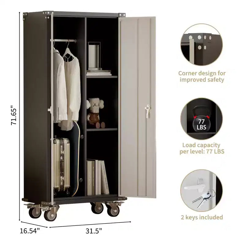 71 Storage Metal Cabinet, 4 Adjustable Feet and Lock Tall Storage Cabinet with Doors and Adjustable 4 Shelves