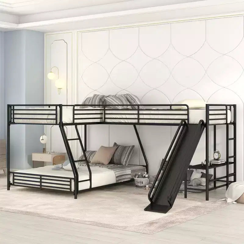 Metal Twin over Full Bunk Bed, L Shaped Bunk Bed for 3 Kids, Heavy-Duty Triple Bunk Bed with Desk and Slide, Black