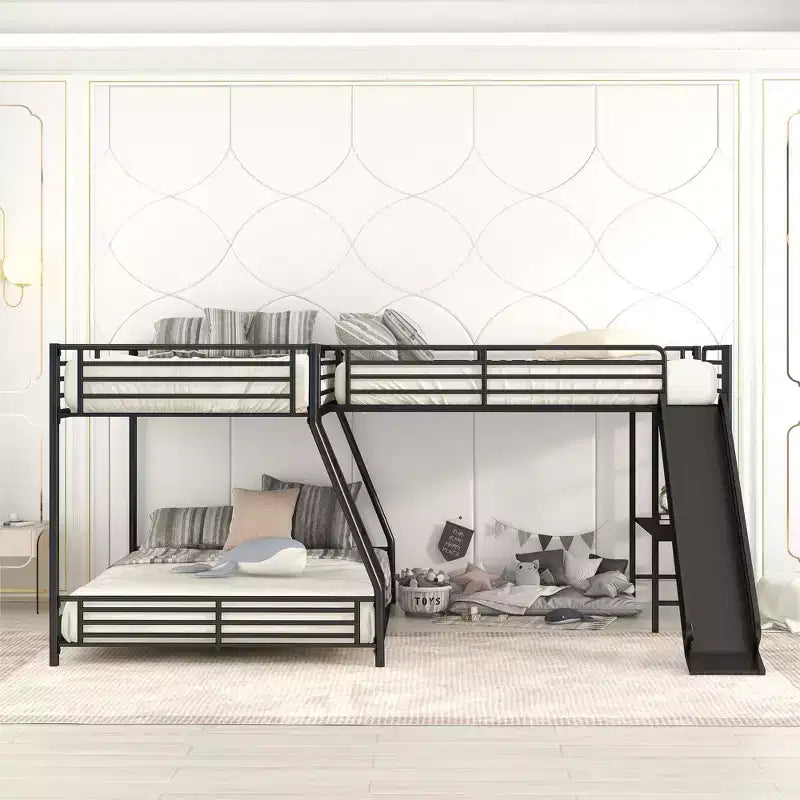 Metal Twin over Full Bunk Bed, L Shaped Bunk Bed for 3 Kids, Heavy-Duty Triple Bunk Bed with Desk and Slide, Black