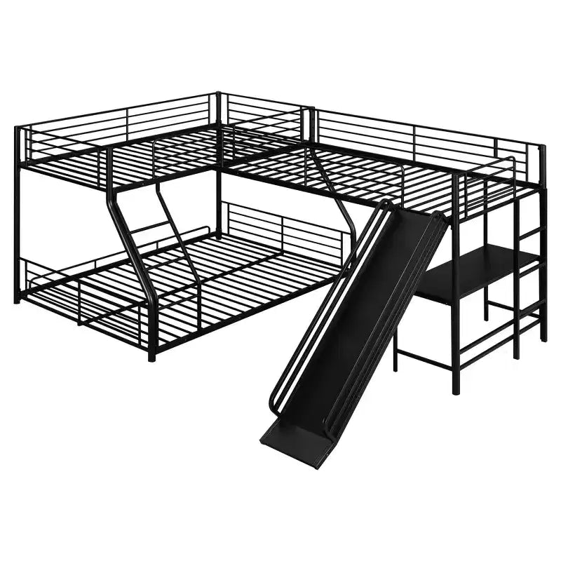 Metal Twin over Full Bunk Bed, L Shaped Bunk Bed for 3 Kids, Heavy-Duty Triple Bunk Bed with Desk and Slide, Black