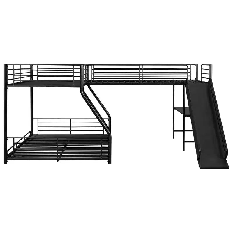 Metal Twin over Full Bunk Bed, L Shaped Bunk Bed for 3 Kids, Heavy-Duty Triple Bunk Bed with Desk and Slide, Black