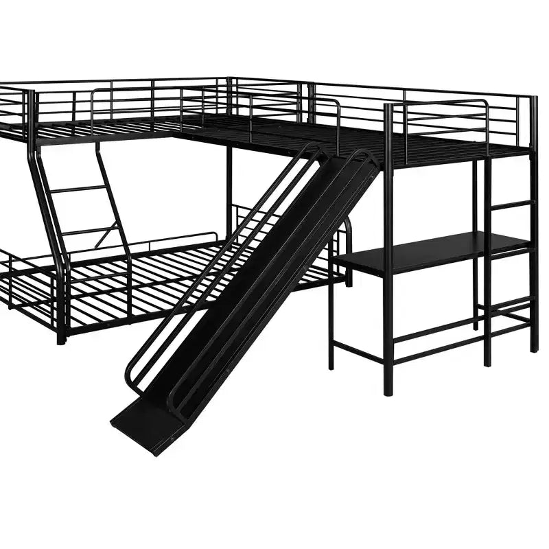 Metal Twin over Full Bunk Bed, L Shaped Bunk Bed for 3 Kids, Heavy-Duty Triple Bunk Bed with Desk and Slide, Black