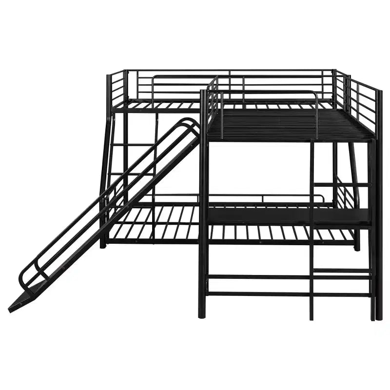 Metal Twin over Full Bunk Bed, L Shaped Bunk Bed for 3 Kids, Heavy-Duty Triple Bunk Bed with Desk and Slide, Black