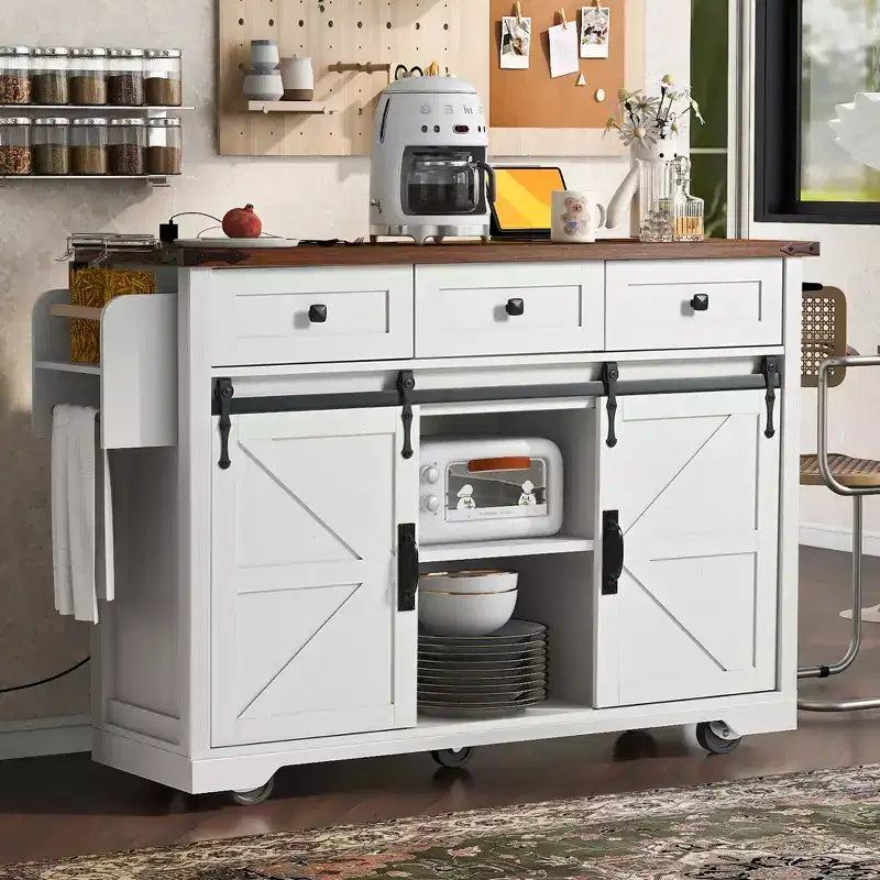 53.7 Farmhouse Kitchen Island with Power Outlet, Sliding Barn Doors, Drop Leaf, Spice Rack, Rolling Kitchen Cart