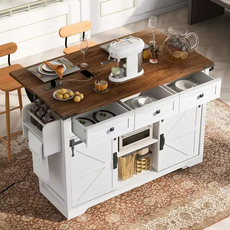 53.7 Farmhouse Kitchen Island with Power Outlet, Sliding Barn Doors, Drop Leaf, Spice Rack, Rolling Kitchen Cart