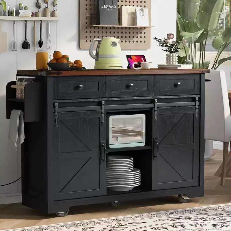 53.7 Farmhouse Kitchen Island with Power Outlet, Sliding Barn Doors, Drop Leaf, Spice Rack, Rolling Kitchen Cart