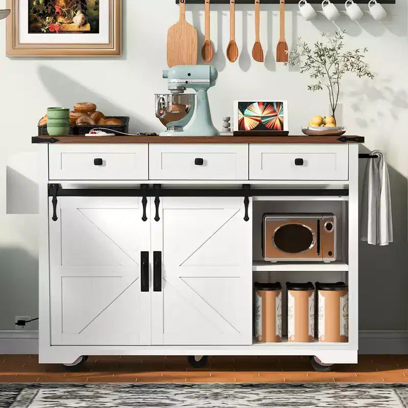 53.7 Farmhouse Kitchen Island with Power Outlet, Sliding Barn Doors, Drop Leaf, Spice Rack, Rolling Kitchen Cart