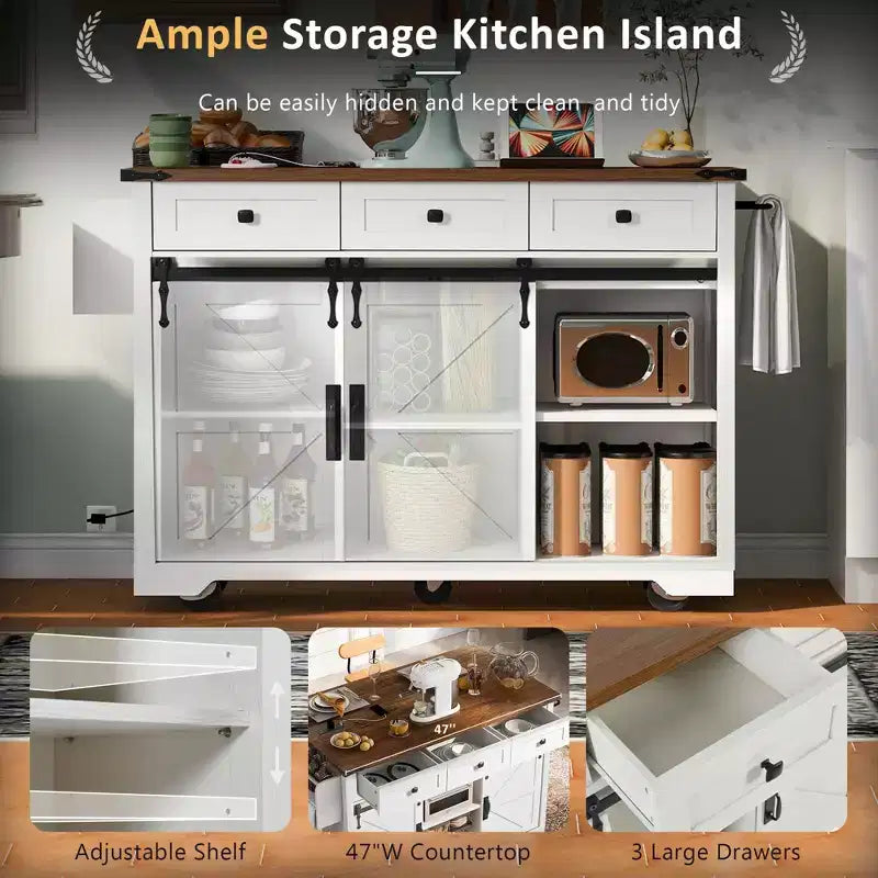 53.7 Farmhouse Kitchen Island with Power Outlet, Sliding Barn Doors, Drop Leaf, Spice Rack, Rolling Kitchen Cart