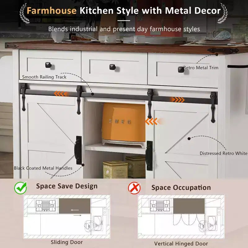 53.7 Farmhouse Kitchen Island with Power Outlet, Sliding Barn Doors, Drop Leaf, Spice Rack, Rolling Kitchen Cart
