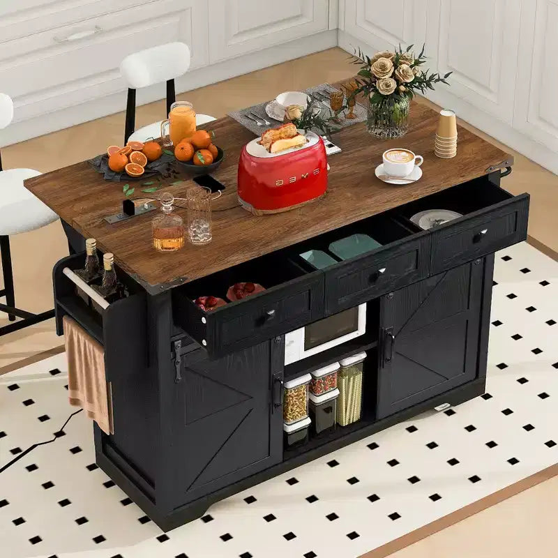 53.7 Farmhouse Kitchen Island with Power Outlet, Sliding Barn Doors, Drop Leaf, Spice Rack, Rolling Kitchen Cart