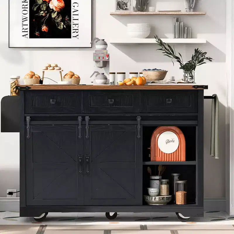 53.7 Farmhouse Kitchen Island with Power Outlet, Sliding Barn Doors, Drop Leaf, Spice Rack, Rolling Kitchen Cart