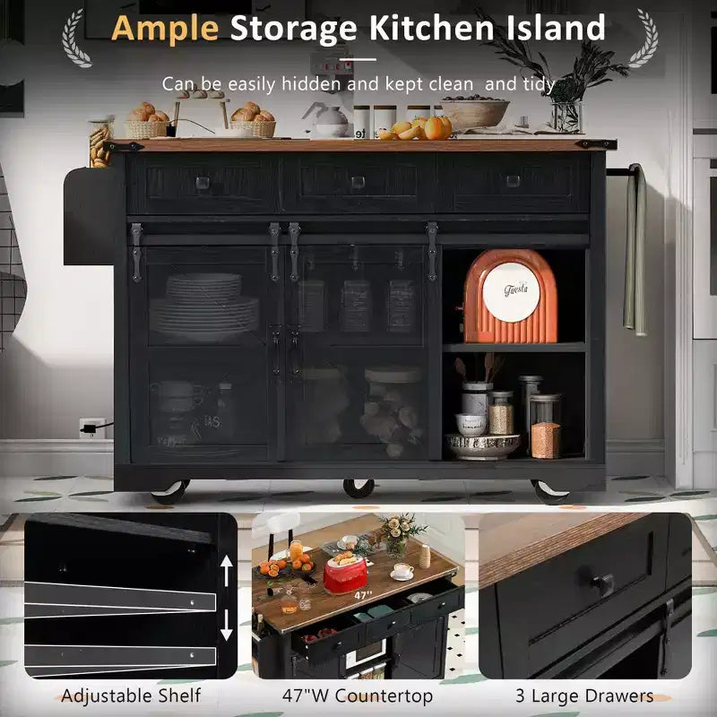 53.7 Farmhouse Kitchen Island with Power Outlet, Sliding Barn Doors, Drop Leaf, Spice Rack, Rolling Kitchen Cart