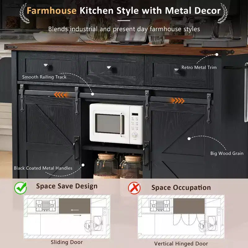 53.7 Farmhouse Kitchen Island with Power Outlet, Sliding Barn Doors, Drop Leaf, Spice Rack, Rolling Kitchen Cart