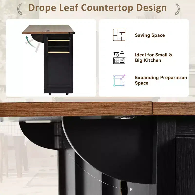 53.7 Farmhouse Kitchen Island with Power Outlet, Sliding Barn Doors, Drop Leaf, Spice Rack, Rolling Kitchen Cart